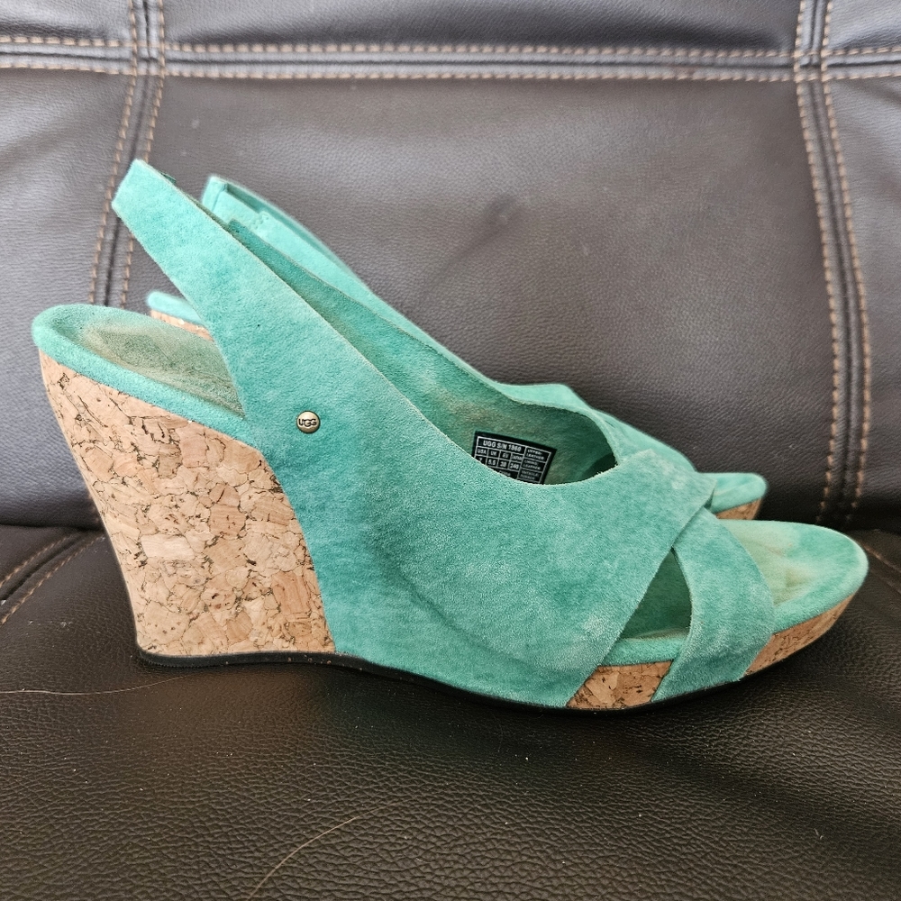 Ugg teal suede scrappy wedges size 7 high heels slingback cork heels